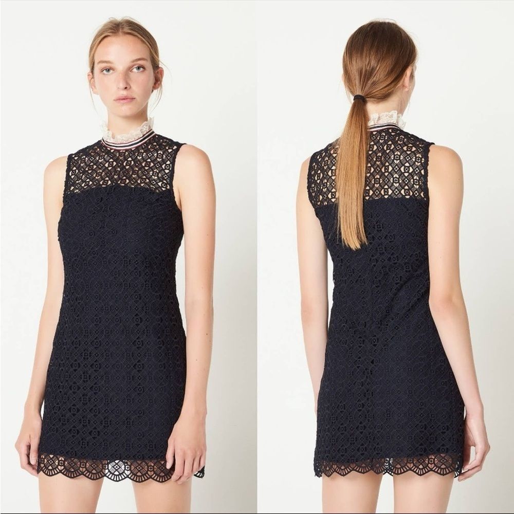 Sandro Dovera Navy Lace Eyelet Mini Dress Blue Size 38/6 Sleeveless